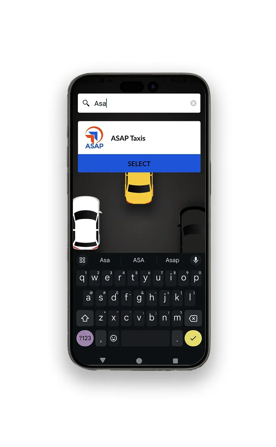 an iphone screen showing asap taxis selected company app