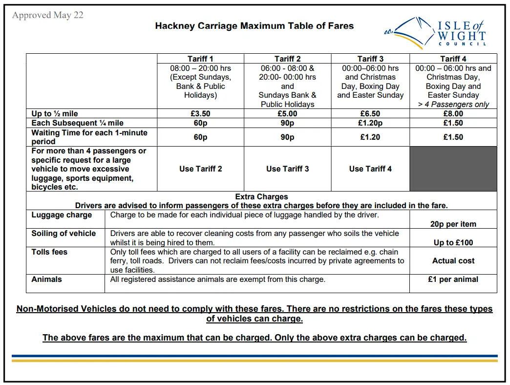 the isle of wight council taxi tariff / fare card